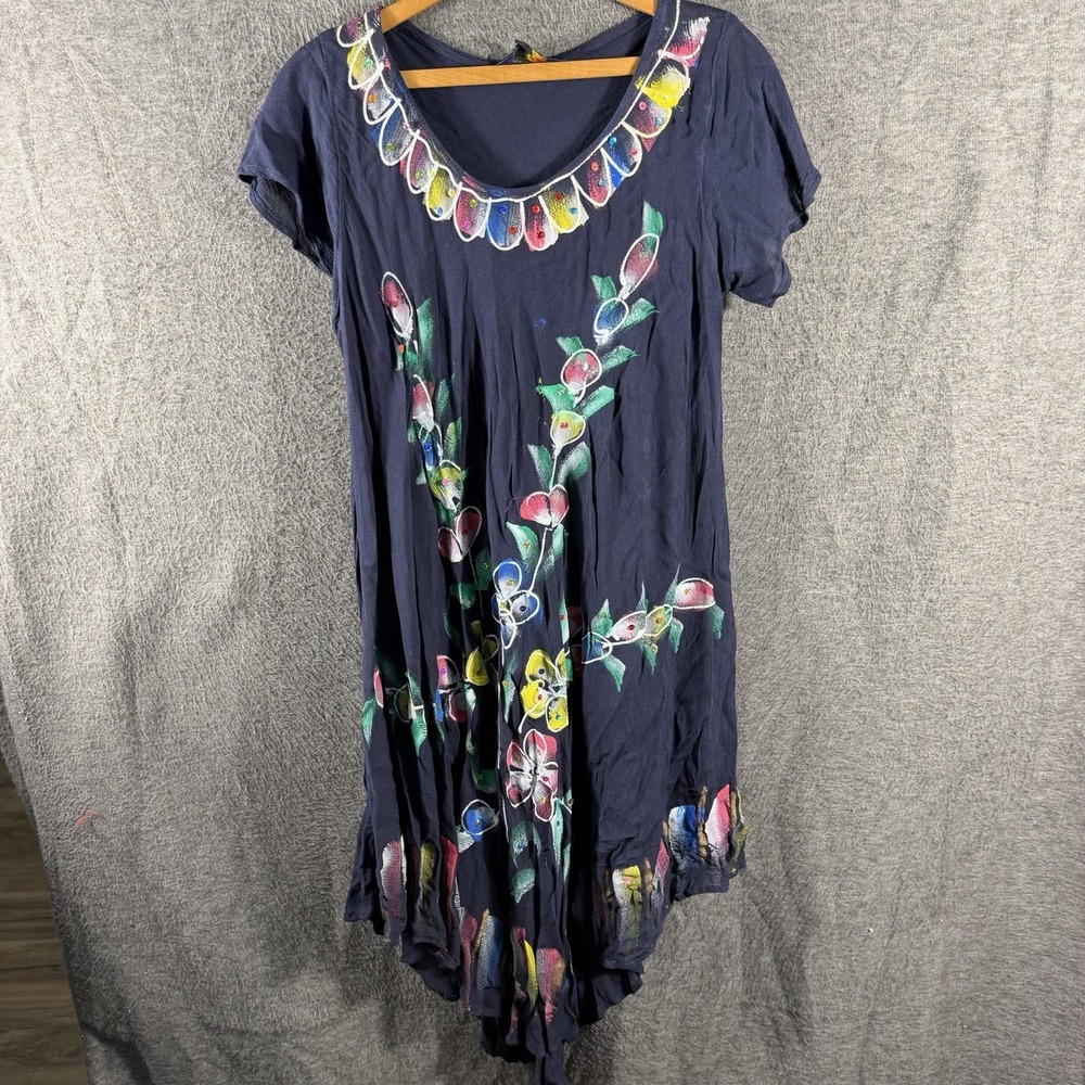 Riviera Sun Pink Painted Boho Dress Women's Free Size Floral Beach Art To Wear